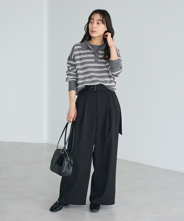 CRAFT STANDARD BOUTIQUE シアーボーダーポロ衿ニットプルオーバー Gray