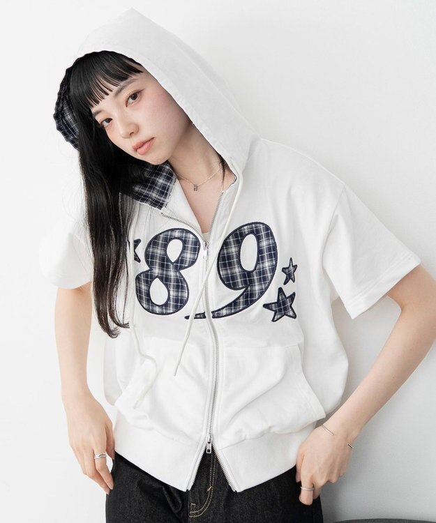 WEGO グラフィック半袖ZIPパーカー ホワイト