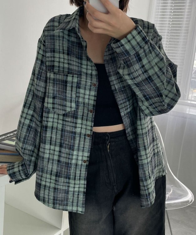 WEGO オーバーサイズチェックネルシャツ グリーン