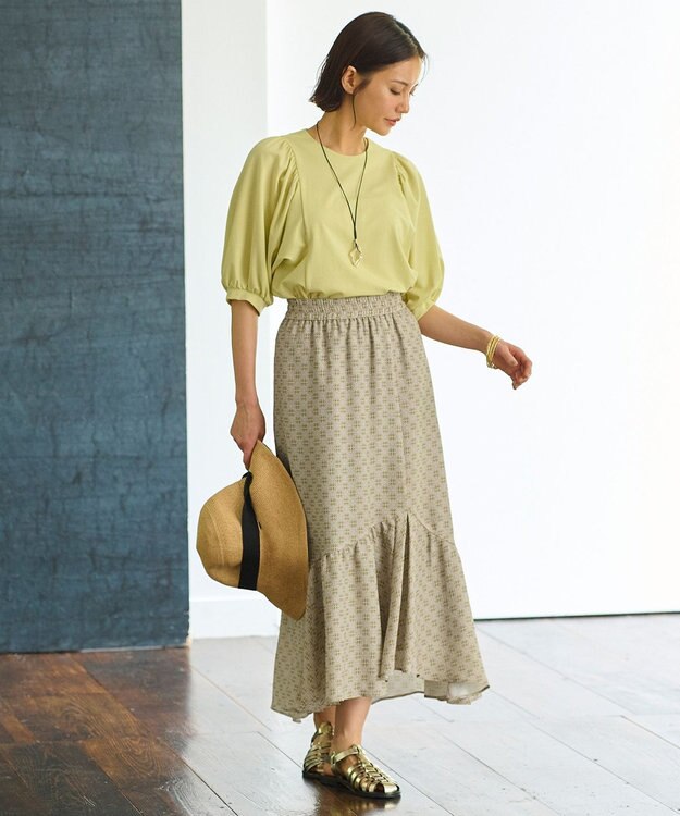 自由区 【洗える・XSサイズあり】アラベスクプリント スカート オリーブイエロー