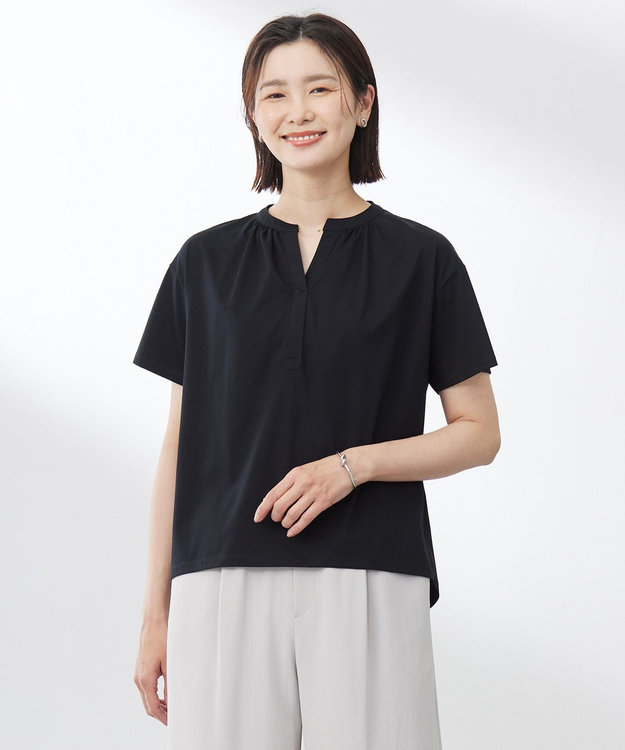 J.PRESS LADIES 【洗える・接触冷感】プレーティングジャージー バンドカラー カットソー ブラック系