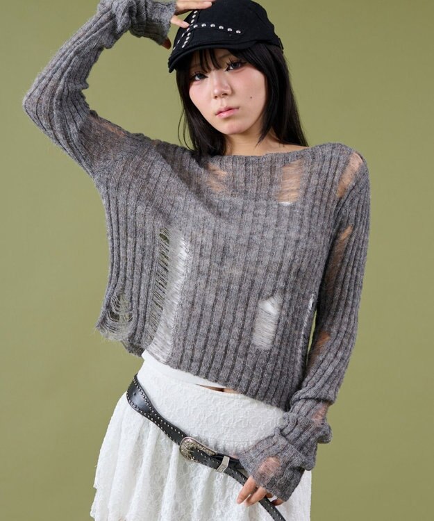 WEGO ダメージショートニット グレー