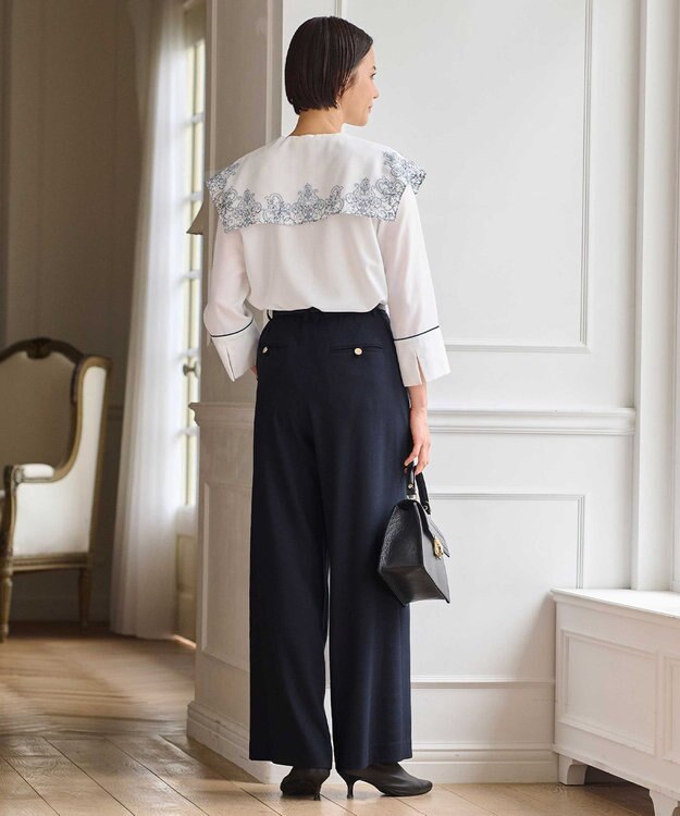 自由区 S 【洗える】ビエラストレッチワイド パンツ ネイビー系