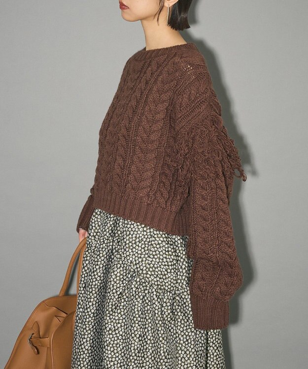 Green Parks フリンジスリーブショート丈ケーブルニット Dark Brown