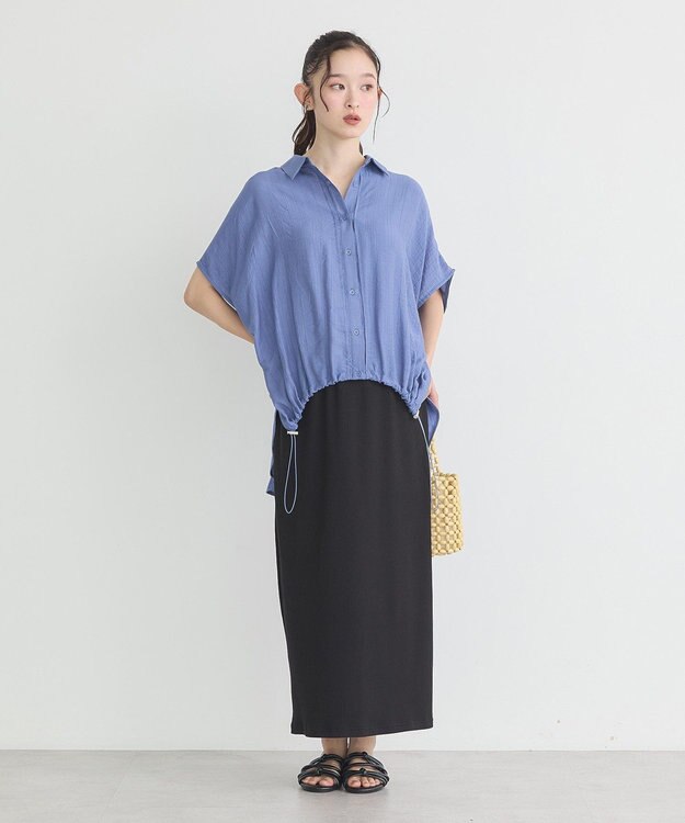 earth music&ecology 【接触冷感】裾ドロストフレンチスリーブシャツ Blue