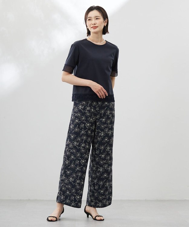 J.PRESS LADIES 【洗える】スムースジャージー レース カットソー ネイビー系