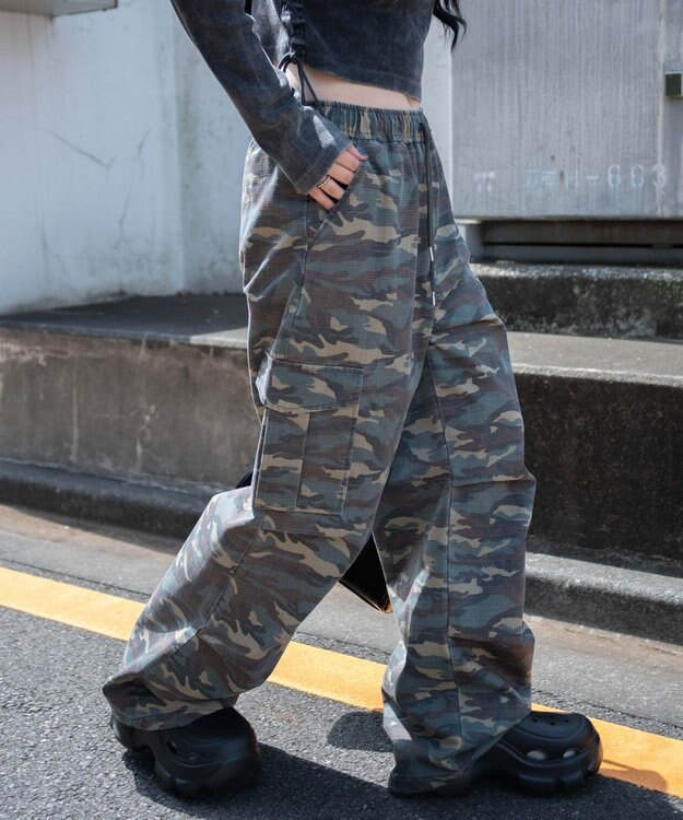 WEGO 【ウエストゴム】ヴィンテージウォッシュパラシュートカーゴパンツ 柄1