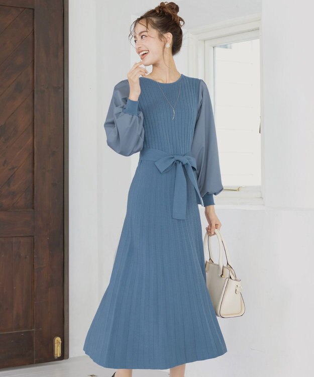 Tiaclasse 【洗える】パフ袖ニットコンビワンピース ブルー