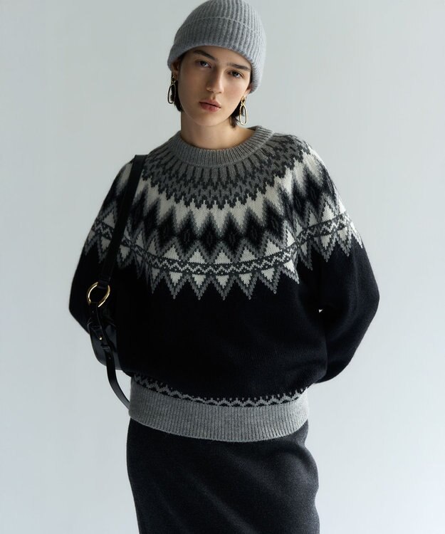 23区 【洗える】ジャガード クルーネック ニット ライトグレーベース