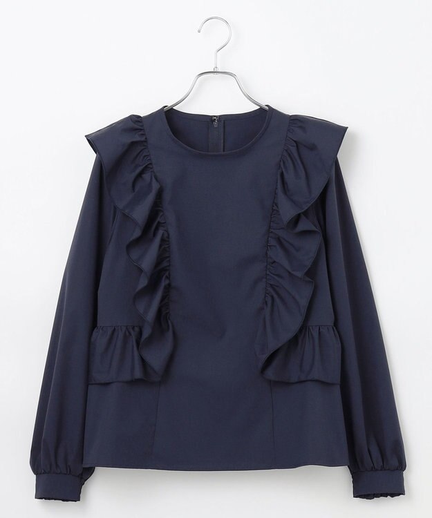 #Newans 【洗濯機可能/シワになりにくい】〈小柄さんにお勧め〉バーティカルフリルブラウス ネイビー