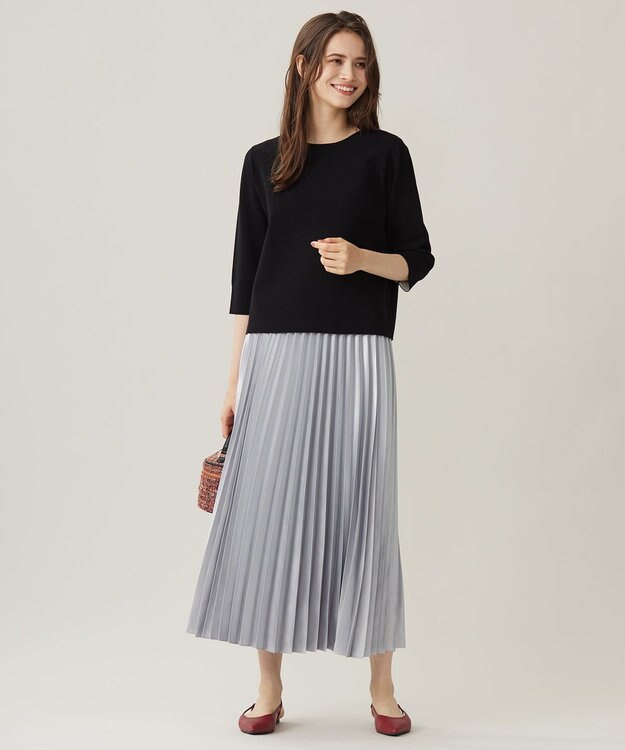 自由区 L 【アンサンブル対応・洗える】レーヨンストレッチ7分袖 ニット ブラック