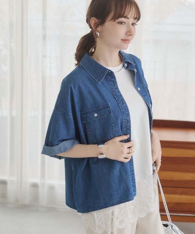 WEGO 【ANGIE VINTAGE】オーバーサイズデニム半袖シャツ ブルー