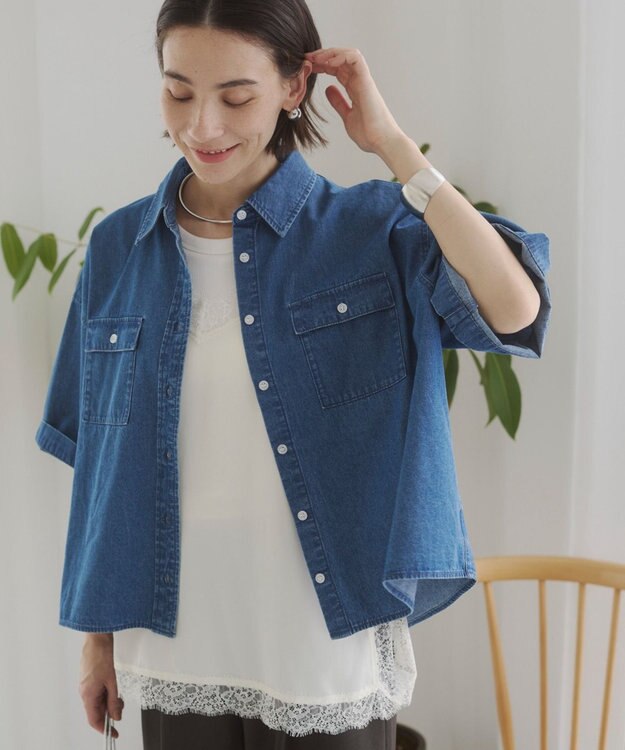 WEGO 【ANGIE VINTAGE】オーバーサイズデニム半袖シャツ ブルー