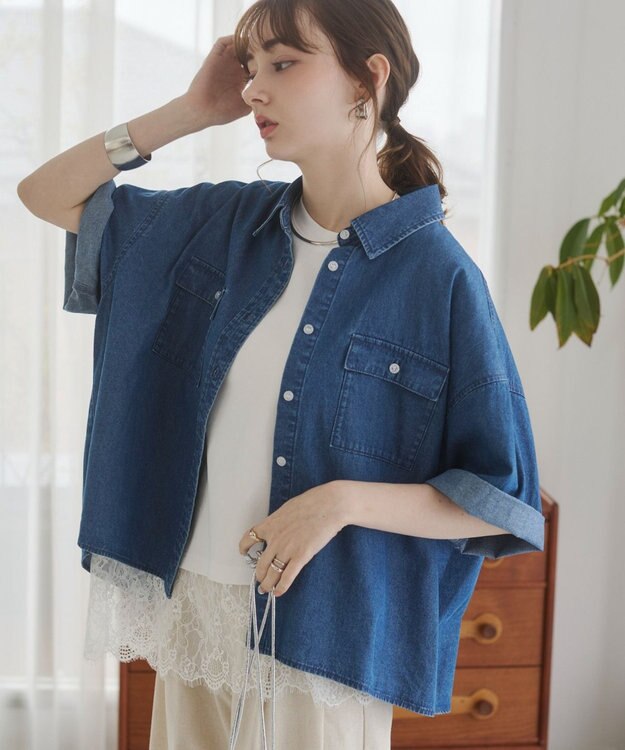 WEGO 【ANGIE VINTAGE】オーバーサイズデニム半袖シャツ ブルー