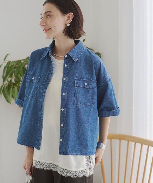 WEGO 【ANGIE VINTAGE】オーバーサイズデニム半袖シャツ ブルー