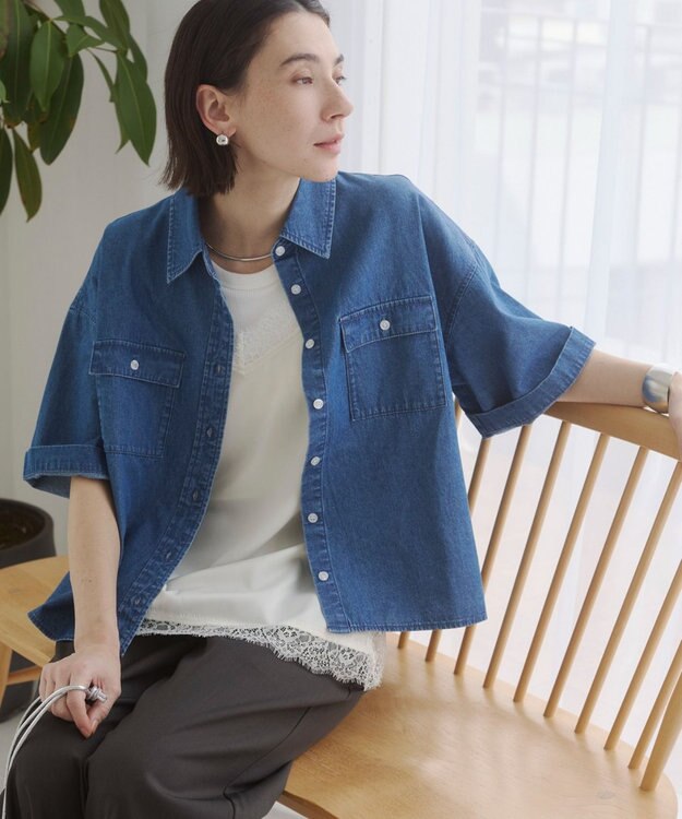 WEGO 【ANGIE VINTAGE】オーバーサイズデニム半袖シャツ ブルー