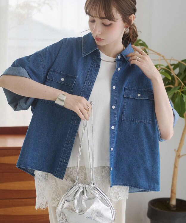 WEGO 【ANGIE VINTAGE】オーバーサイズデニム半袖シャツ ブルー