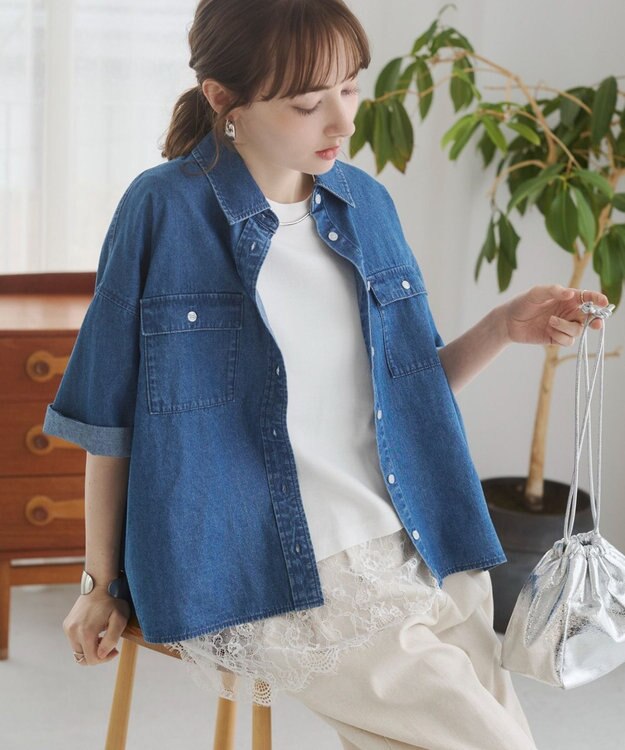 WEGO 【ANGIE VINTAGE】オーバーサイズデニム半袖シャツ ブルー