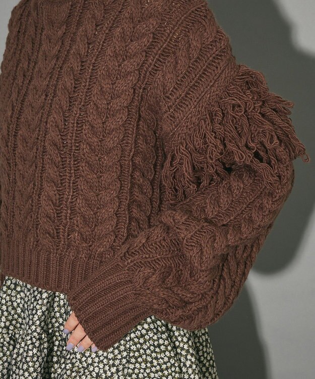 Green Parks フリンジスリーブショート丈ケーブルニット Dark Brown
