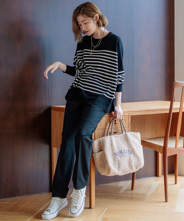 23区 【WEB限定カラーあり/洗える】ウーステッドウール ワイドシルエット ニット [WEB限定]ブラック×オフ