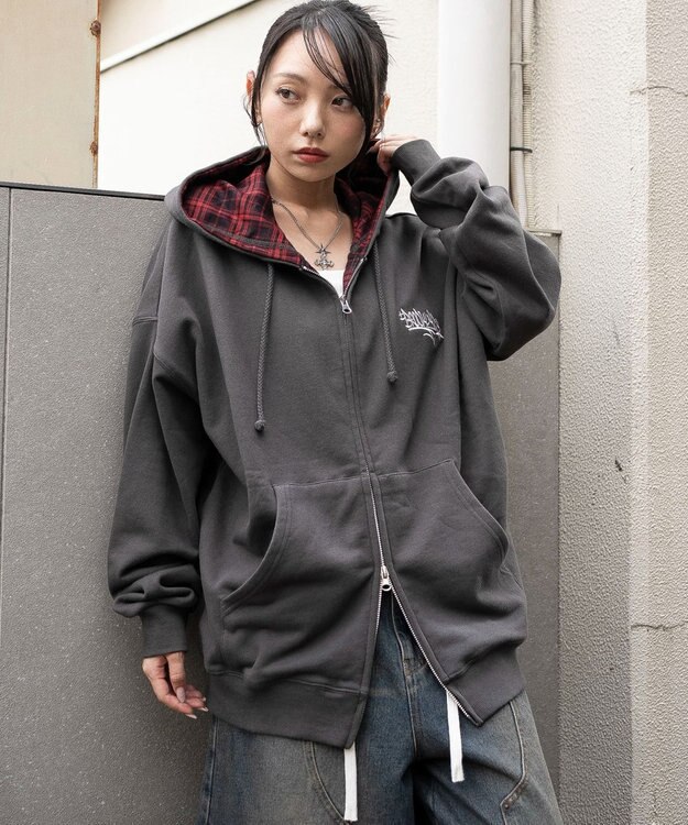 WEGO 【ユニセックス着用ITEM/MLサイズ展開】チェックZIPパーカー スミクロ