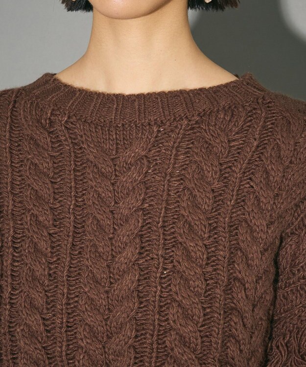 Green Parks フリンジスリーブショート丈ケーブルニット Dark Brown