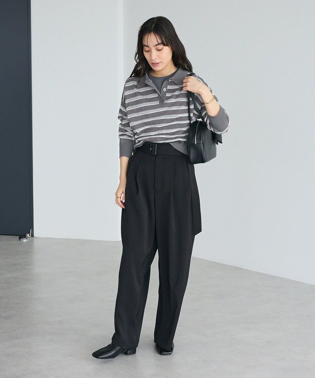 CRAFT STANDARD BOUTIQUE シアーボーダーポロ衿ニットプルオーバー Gray