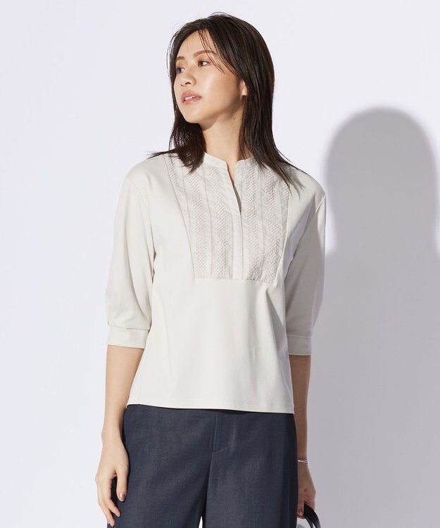 J.PRESS LADIES L スムースジャージー バンドカラー カットソー グレージュ系