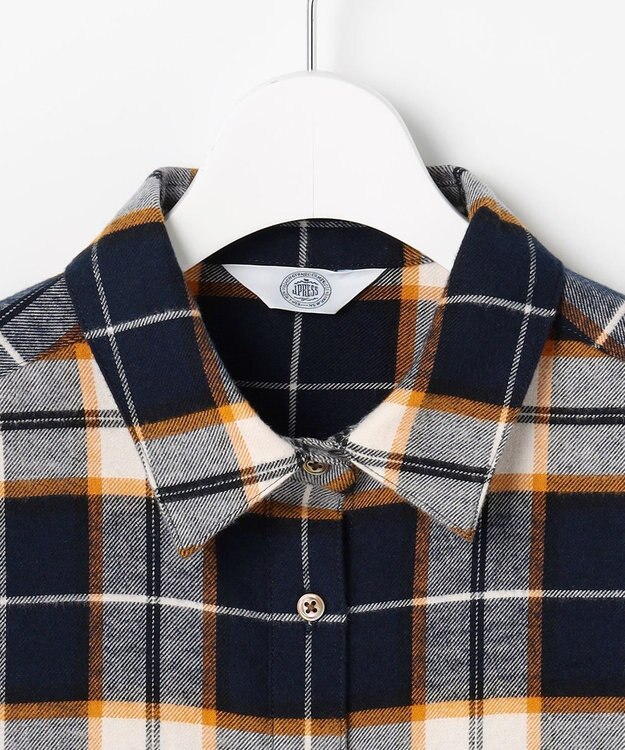 J.PRESS LADIES L コットン起毛タータンチェック シャツ ブラウス ネイビー×オフ×イエローチェック系