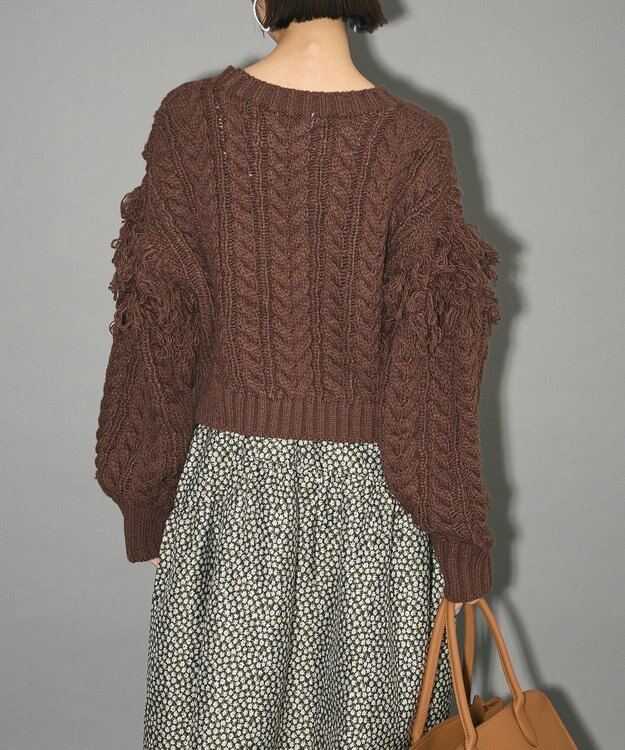Green Parks フリンジスリーブショート丈ケーブルニット Dark Brown