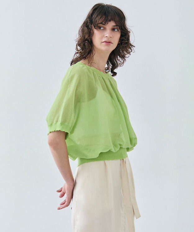 BEIGE， 【洗える・Oggi 7月号掲載】LUPINUS / リネン混半袖プルオーバーギャザーニット Lime