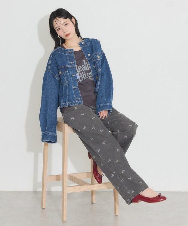 earth music&ecology ノーカラーデニムジャケット Indigo