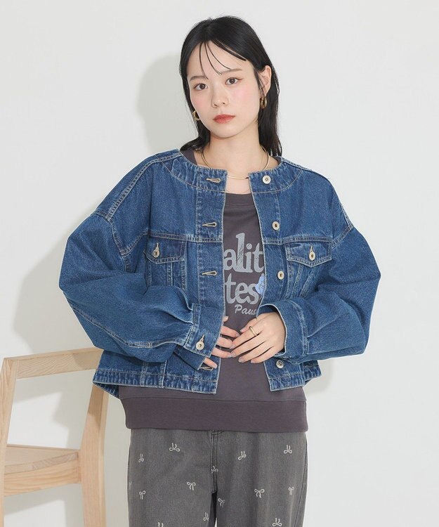 earth music&ecology ノーカラーデニムジャケット Indigo