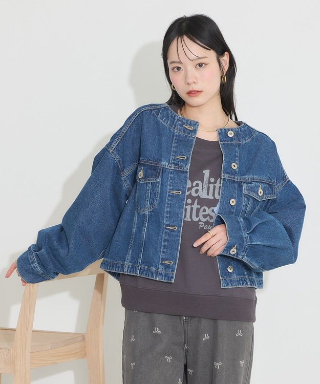 earth music&ecology ノーカラーデニムジャケット Indigo