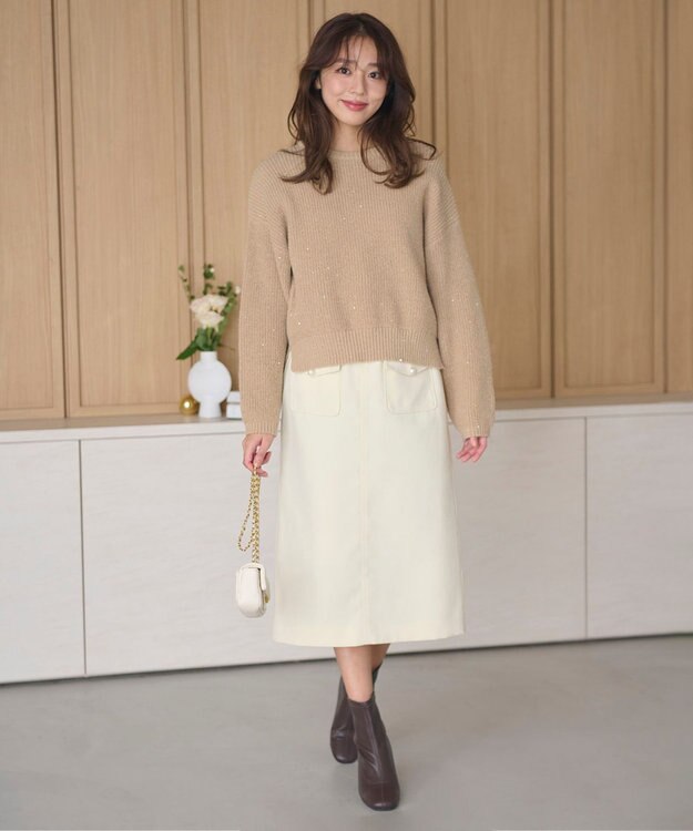 Feroux 【洗える】スパンコール プルオーバーニット ベージュ系