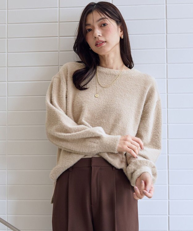 ANY L ショートシャギープルオーバーニット ベージュ