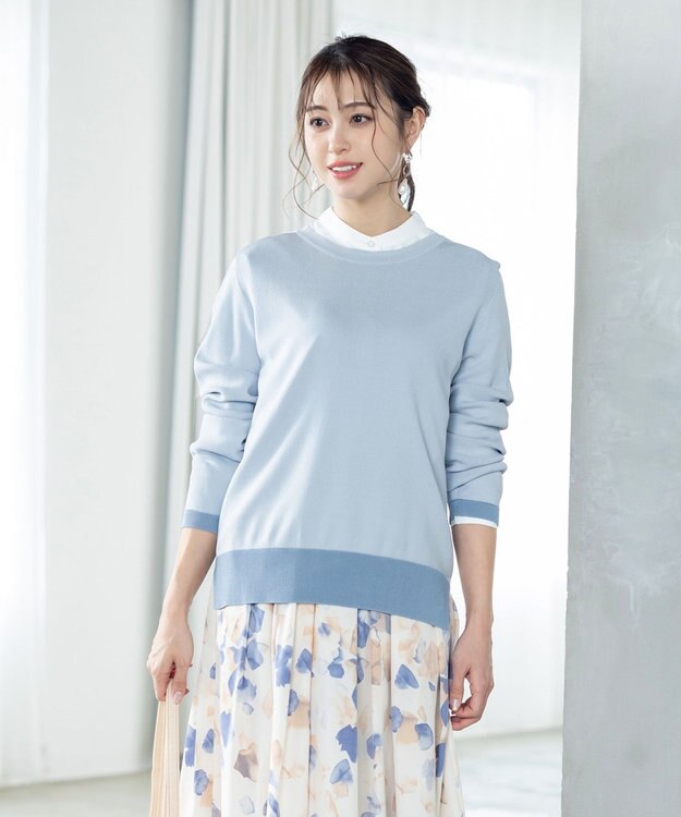 Tiaclasse L 【新色追加・洗える】配色スリットニット サックス