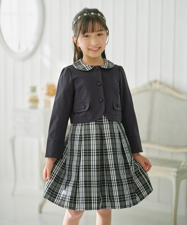 組曲 KIDS 【150-160㎝】チェックタフタドッキング ワンピース モノトーン系