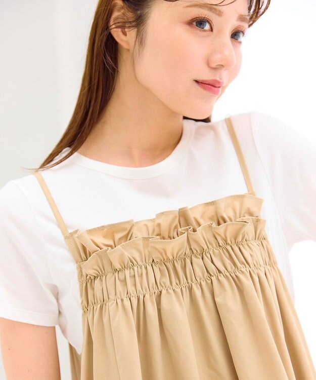 Feroux 【洗える】レイヤード風 ギャザーワンピース ベージュ系