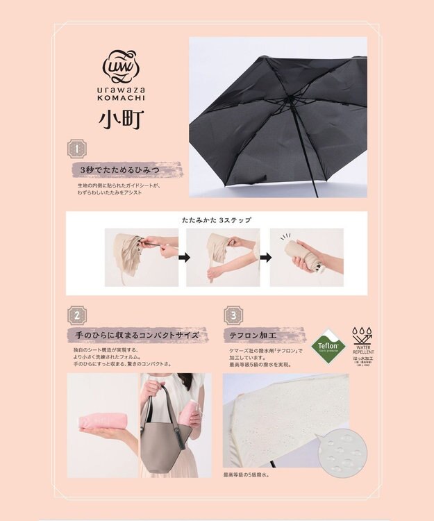 MOONBAT 【3秒でたためる傘/自動開閉】urawaza 小町(ウラワザ コマチ)  折りたたみ傘 無地 コンパクト 50cm オフホワイト