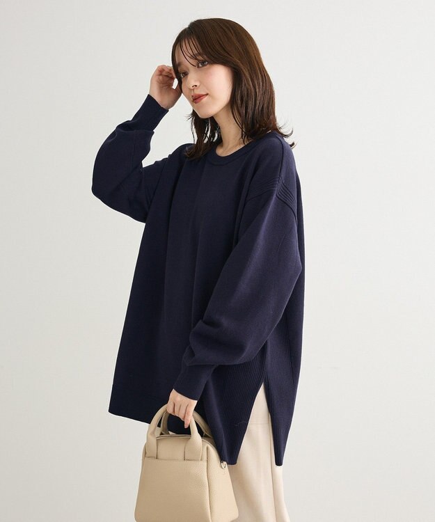 Green Parks もちやわサイドリブニットチュニック Dark Navy