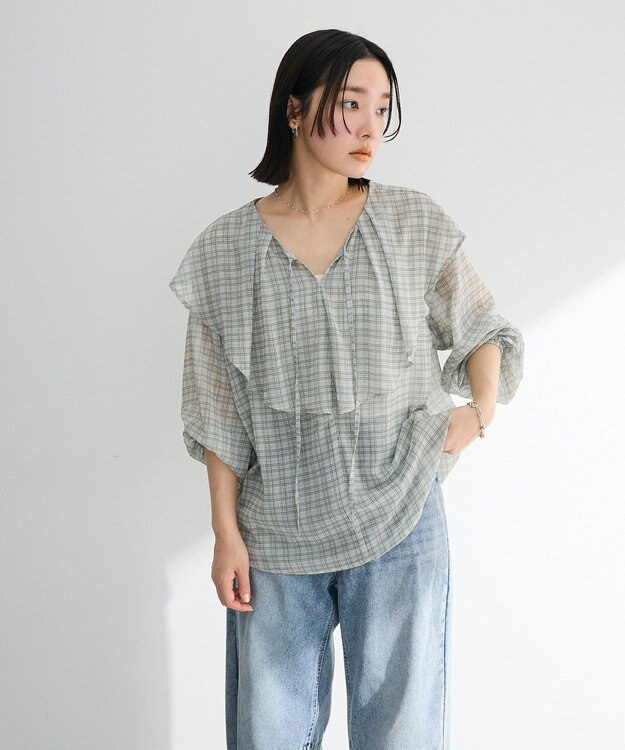 Green Parks チェックシアーフリルブラウス Off White