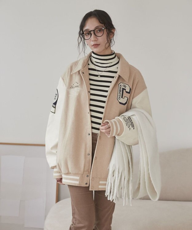 WEGO 【ユニセックス着用ITEM/SMLサイズ展開】メルトンワッペンスタジャン ベージュ