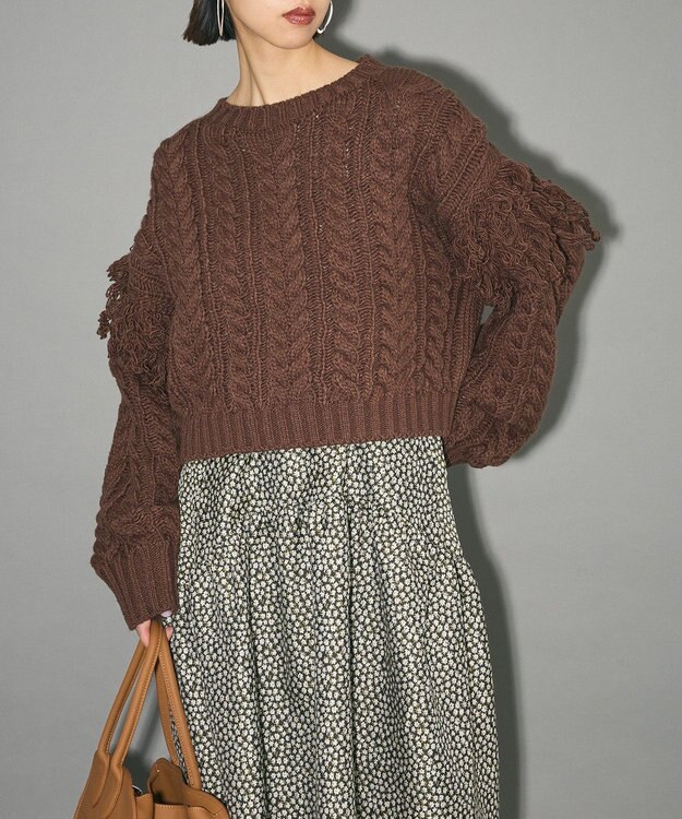 Green Parks フリンジスリーブショート丈ケーブルニット Dark Brown
