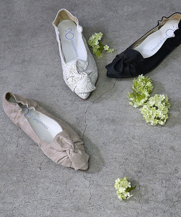 nouvelleRobe Oū 新色追加【本革・高反発】Butterfly knot ポインテッドトゥ パンプス ベージュメタリック