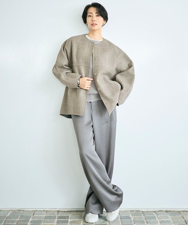 自由区 L 【17号サイズまで展開・カタログ掲載】ウールリバーチェック柄ノーカラー コート モカチェック