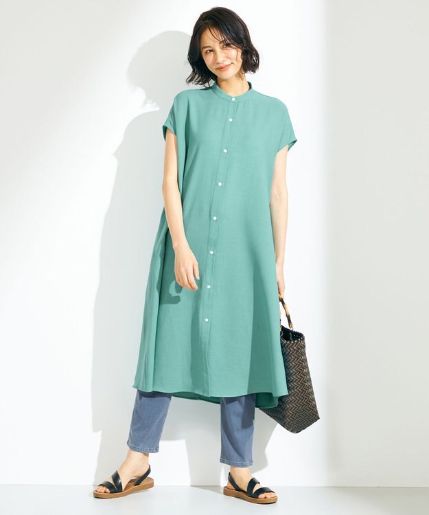 ANY 【洗える】バンドカラーとろみ ワンピース ターコイズ