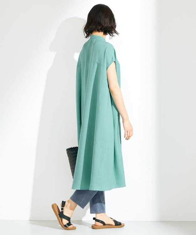 ANY 【洗える】バンドカラーとろみ ワンピース ターコイズ