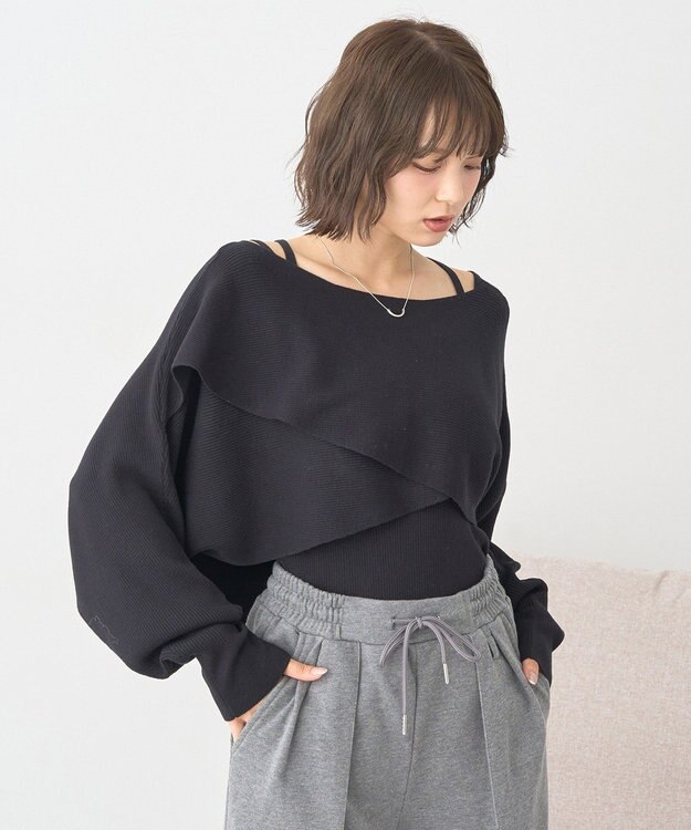 earth music&ecology 【2WAY】【洗濯機洗い可】SET2点クロスニット＋キャミソール Black