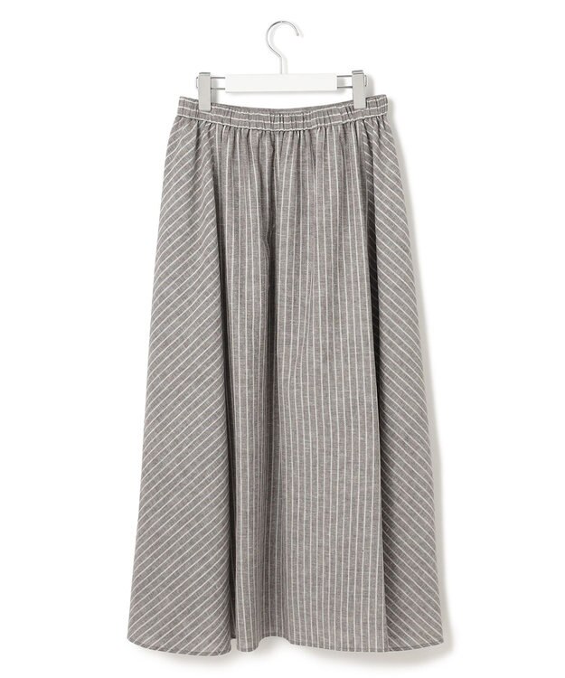 23区 【洗える】リネンコットンストライプ ギャザー スカート ダークブラウンストライプ